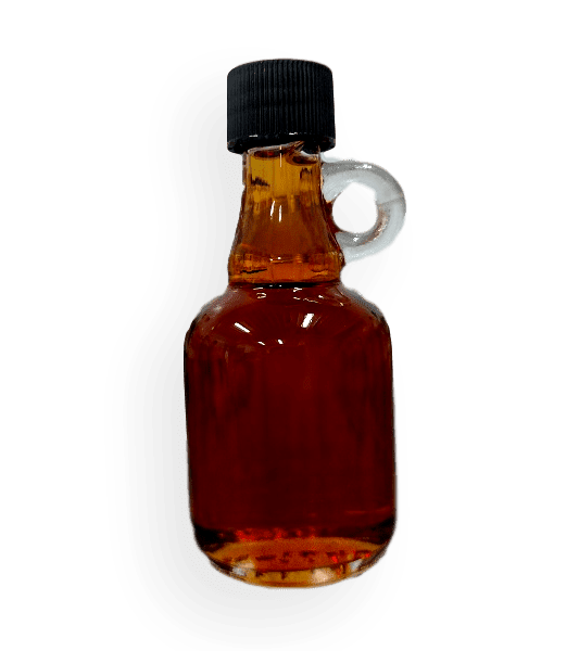 Glass bottle filled with Wisconsin natural maple syrup. Produced by Little Man Syrup LLC