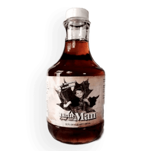 Glass bottle filled with Wisconsin's natural maple syrup. Produced by Little Man Syrup LLC