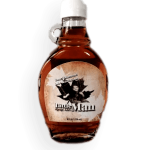 Glass bottle filled with Wisconsin natural maple syrup. Produced by Little Man Syrup LLC