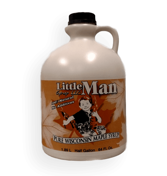 Plastic jug filled with Wisconsin natural maple syrup. Produced by Little Man Syrup LLC