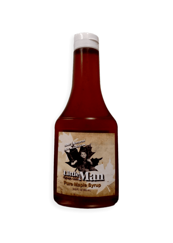 Plastic bottle filled with Wisconsin's natural maple syrup. Produced by Little Man Syrup LLC