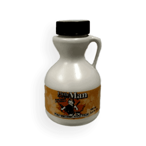 Plastic bottle filled with Wisconsin's natural maple syrup. Produced by Little Man Syrup LLC