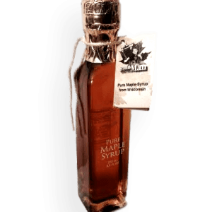 Glass bottle filled with Wisconsin's natural maple syrup.