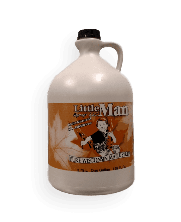 Plastic jug filled with Wisconsin natural maple syrup. Produced by Little Man Syrup LLC