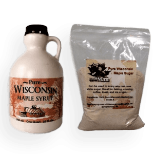 Plastic bottle filled with Wisconsin's natural maple syrup and one pound of maple sugar. Produced by Little Man Syrup LLC