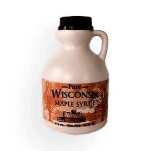 Plastic bottle filled with Wisconsin natural maple syrup. Produced by Little Man Syrup LLC