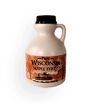 Plastic bottle filled with Wisconsin natural maple syrup. Produced by Little Man Syrup LLC